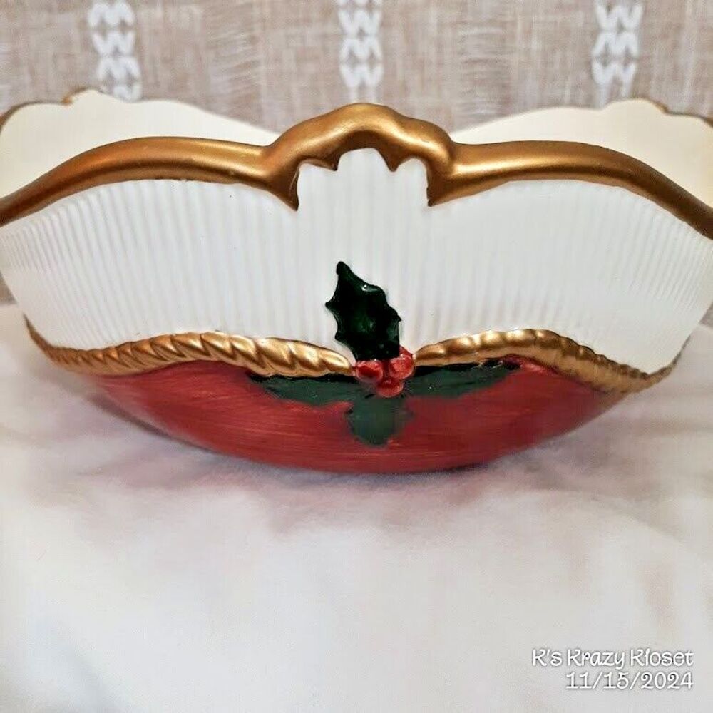 1989 Fitz & Floyd Ceramic Holiday Christmas Bowl Hand Painted Decorative Dish